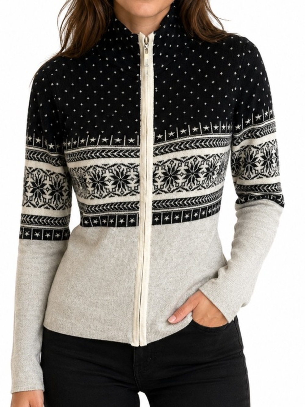 Neve Nordic Fair Isle Merino Wool Blend Full Zip Sweater Jacket Small